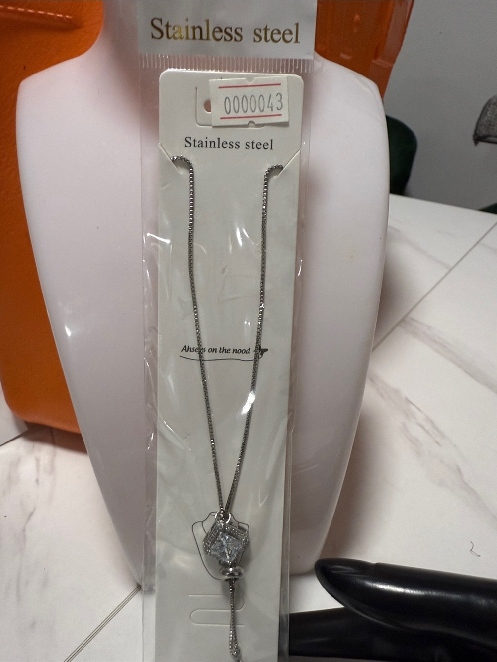 Stainless Steel Pendant Necklace with Clear Crystal Accent